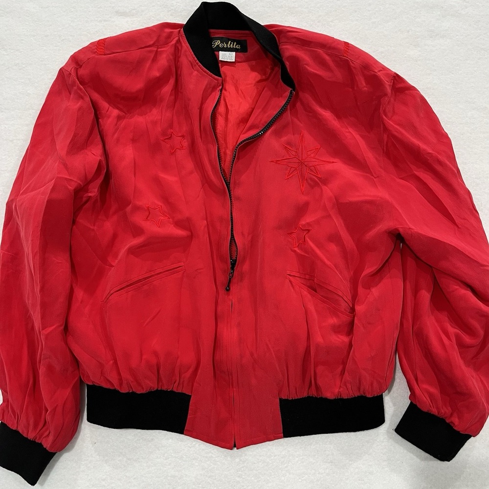 Vintage Silk 100% Zip Up Jacket Women's Sz L Bomber Boho Shoulder Pads Nautical